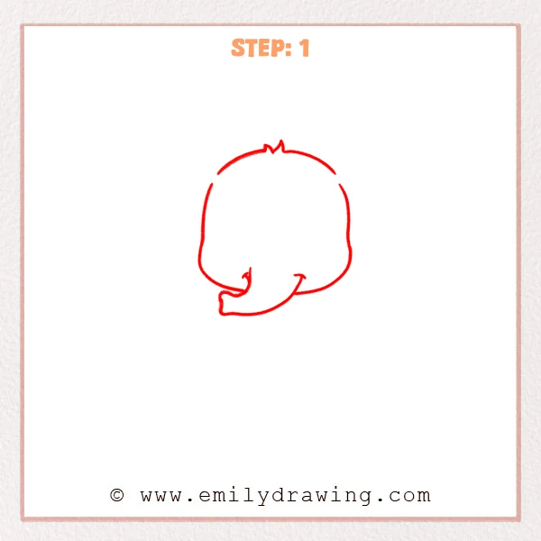 how to draw a baby elephant - Step 1: Simple outline of a baby elephant head with a curved trunk.